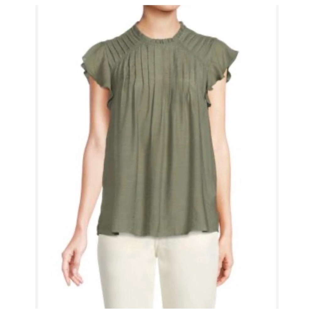 Nanette Lepore Womens Olive Green Pintuck Flutterโ Sleeve Gauze Blouse Large